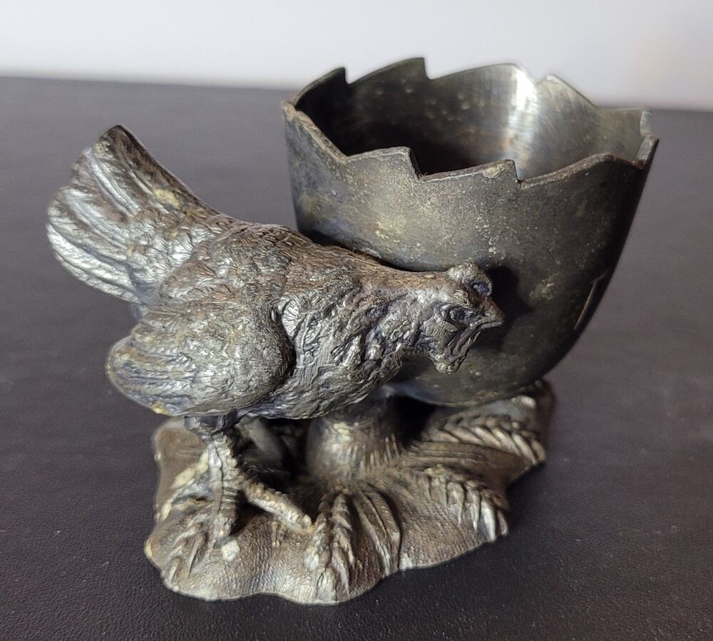 Vintage Victorian Silverplate Toothpick Holder, Hen and Cracked Egg, "Picks"